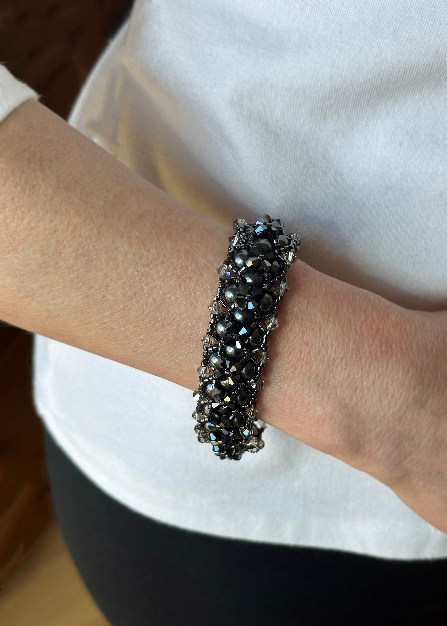 black pearl and swarovski crystal statement bracelet