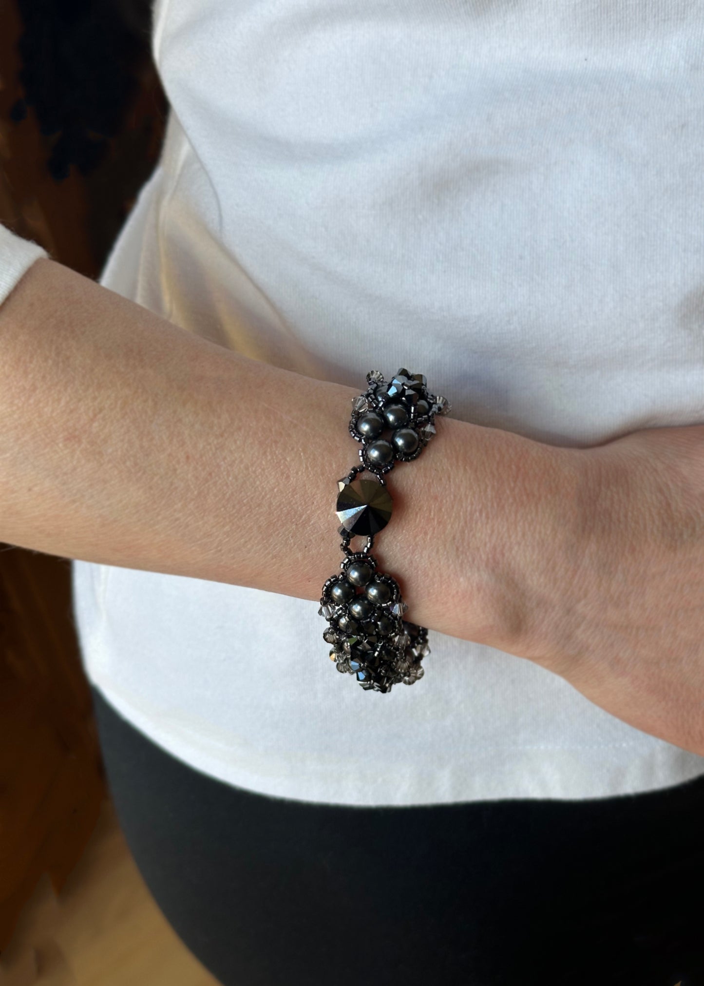 black pearl and swarovski crystal statement bracelet