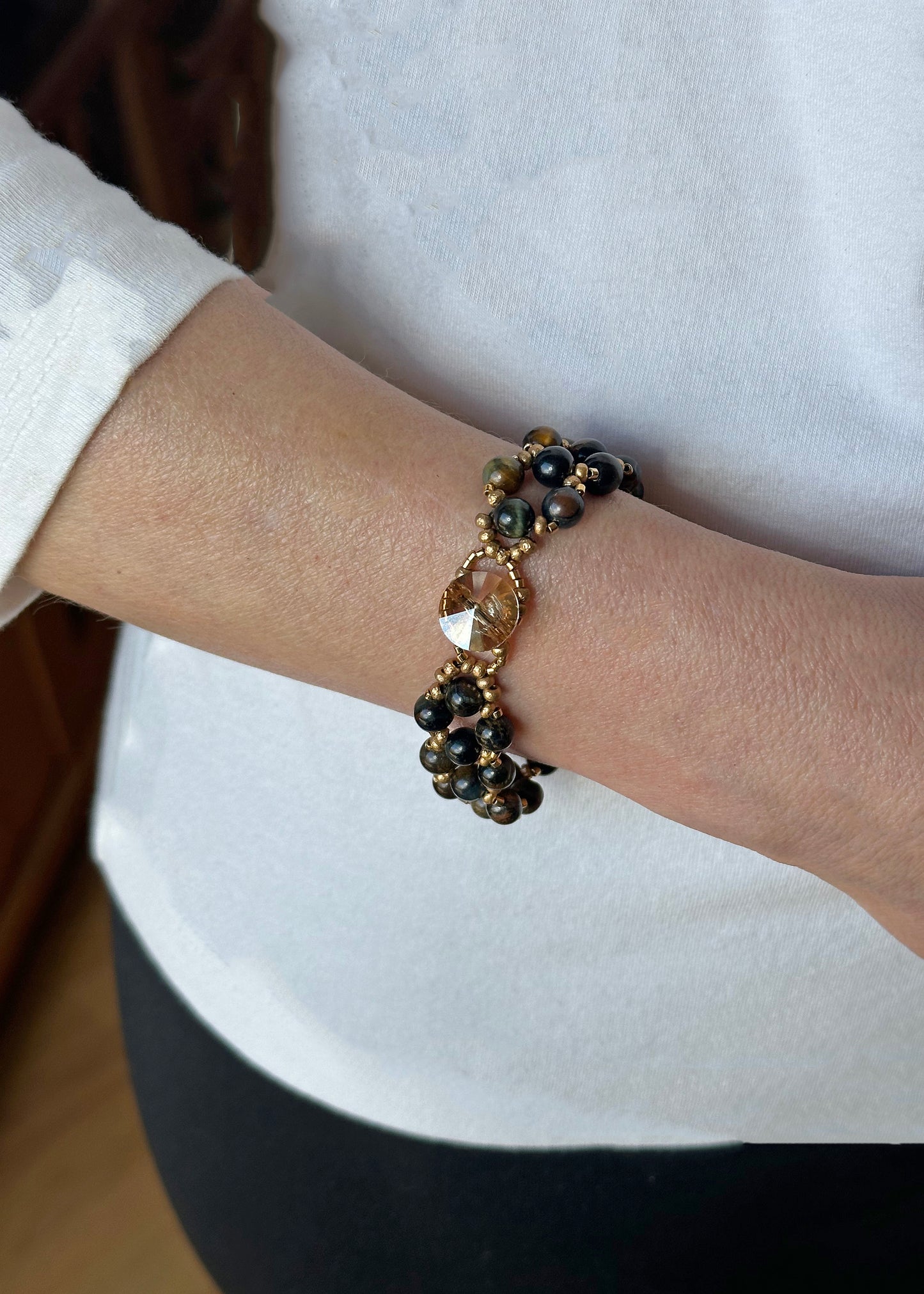 blue tiger eye gemstone bracelet with 24k gold beads