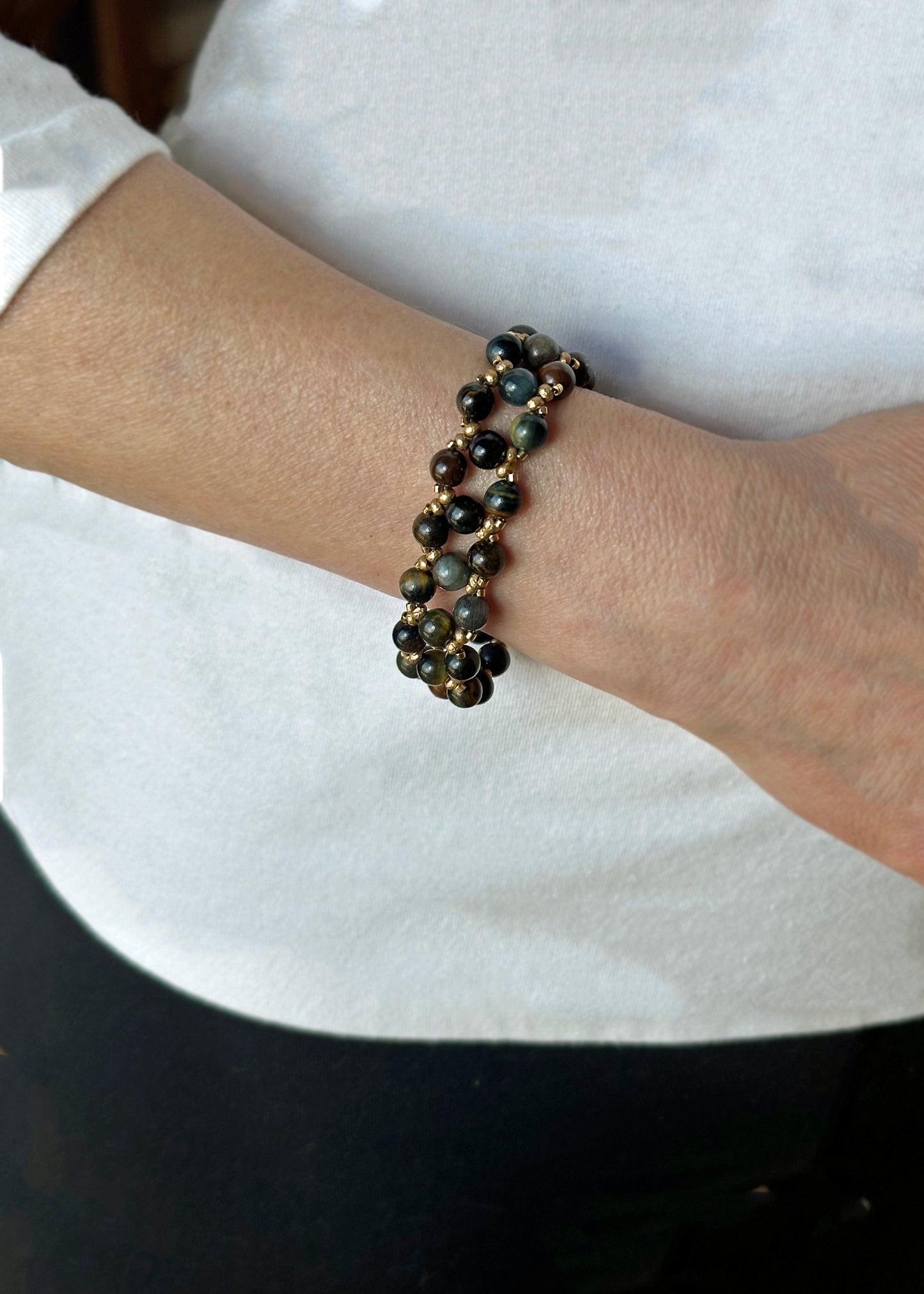 blue tiger eye gemstone bracelet with 24k gold beads