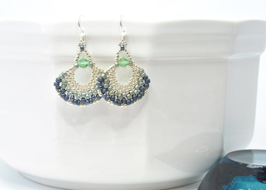 blue green beaded fan earrings