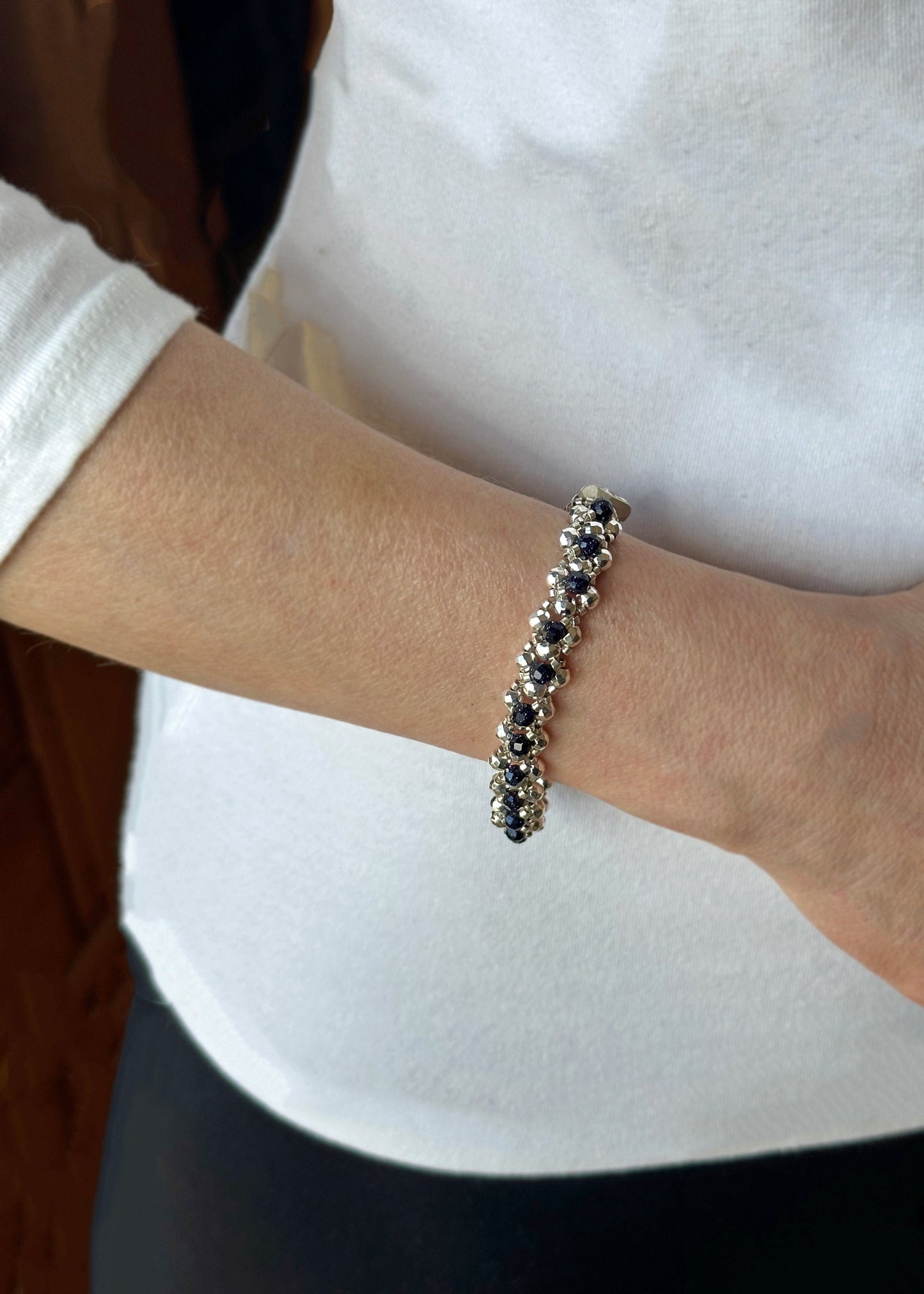 navy blue goldstone and silver hematite gemstone bracelet