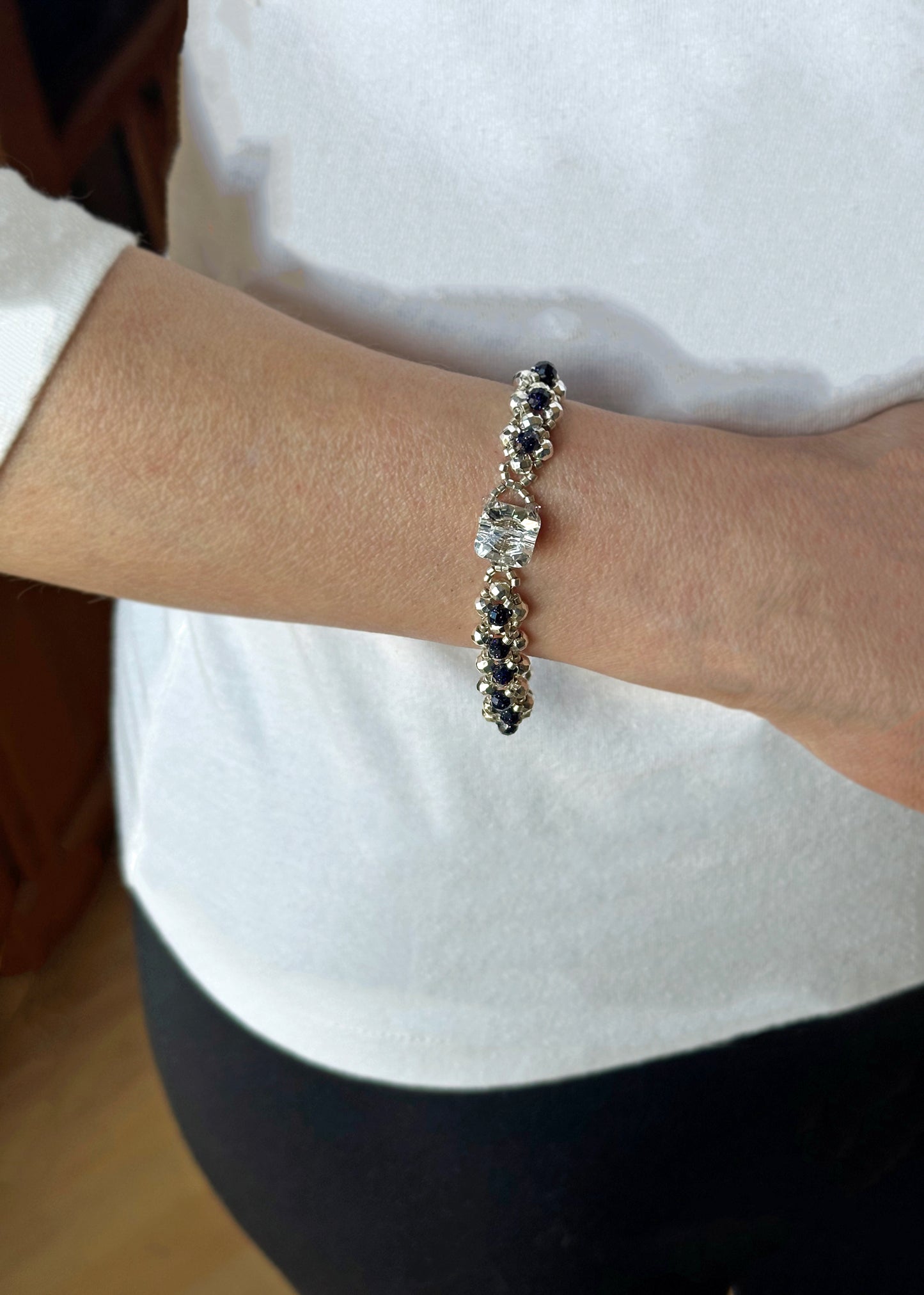 navy blue goldstone and silver hematite gemstone bracelet