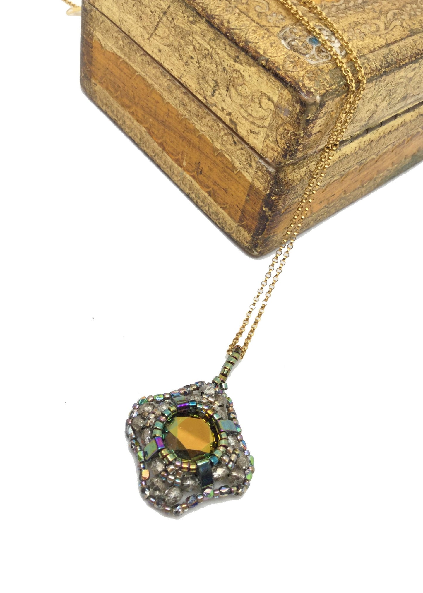 gray, green and gold statement pendant necklace . #008