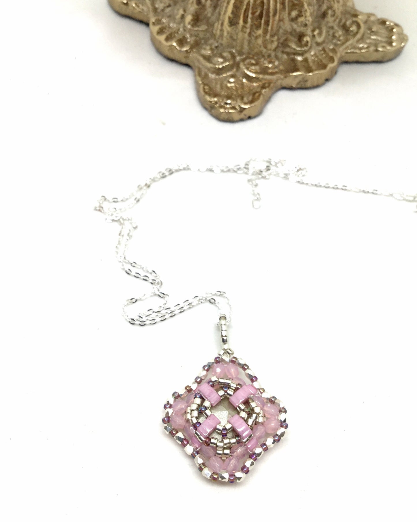 pink & purple diamond crystal cushion cut pendant . #007