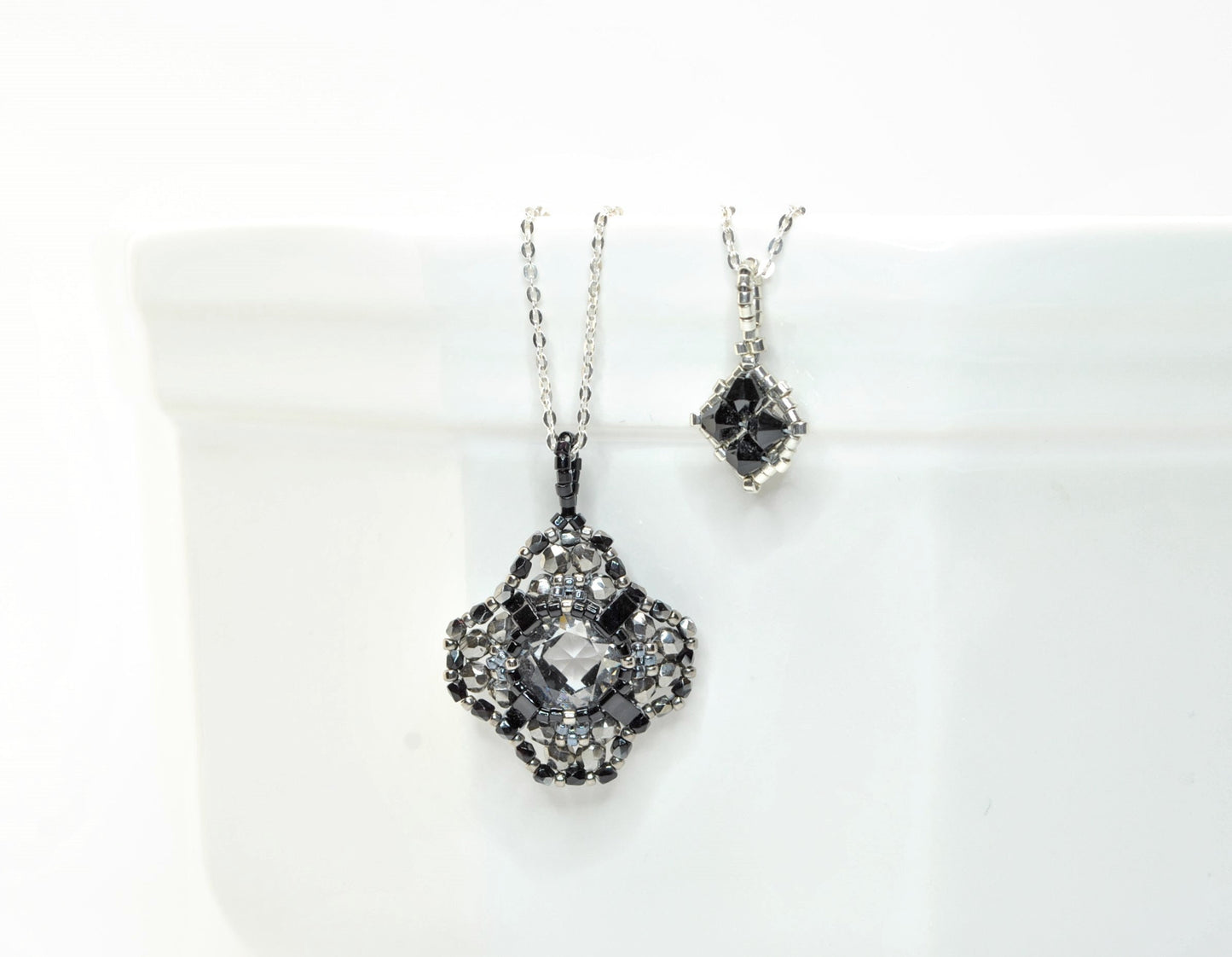 black and silver clear crystal cushion cut swarovski crystal pendant necklace . #030