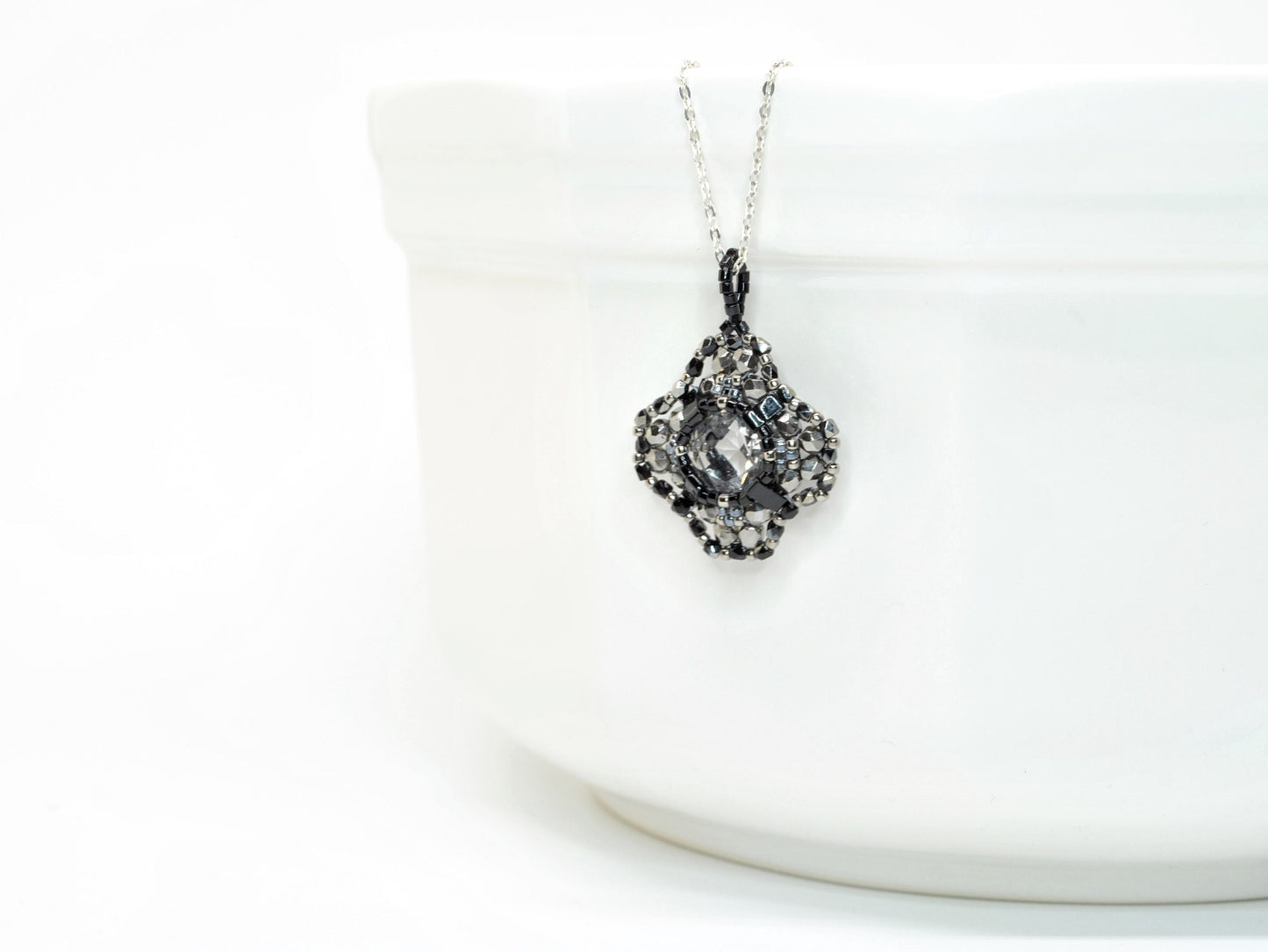 black and silver clear crystal cushion cut swarovski crystal pendant necklace . #030