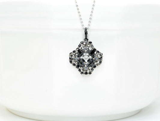 black and silver clear crystal cushion cut swarovski crystal pendant necklace . #030