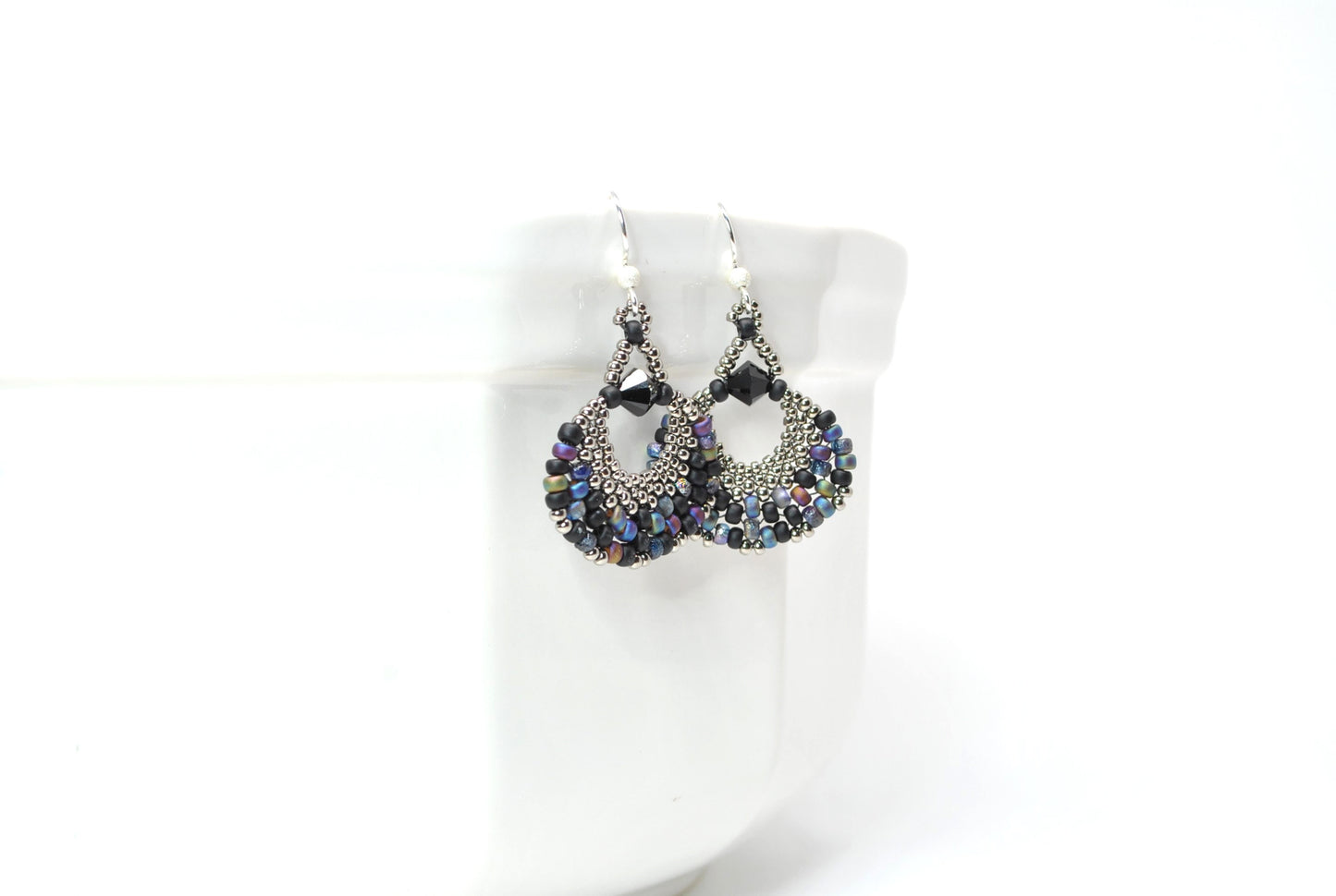 black and multi colored beaded fan earrings