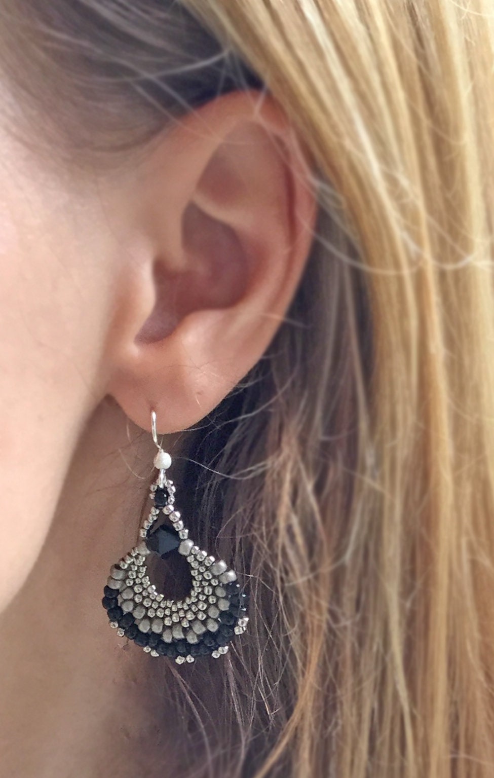 black and white beaded fan earrings