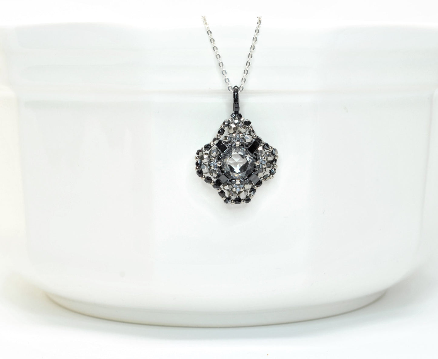 black and silver clear crystal cushion cut swarovski crystal pendant necklace . #030