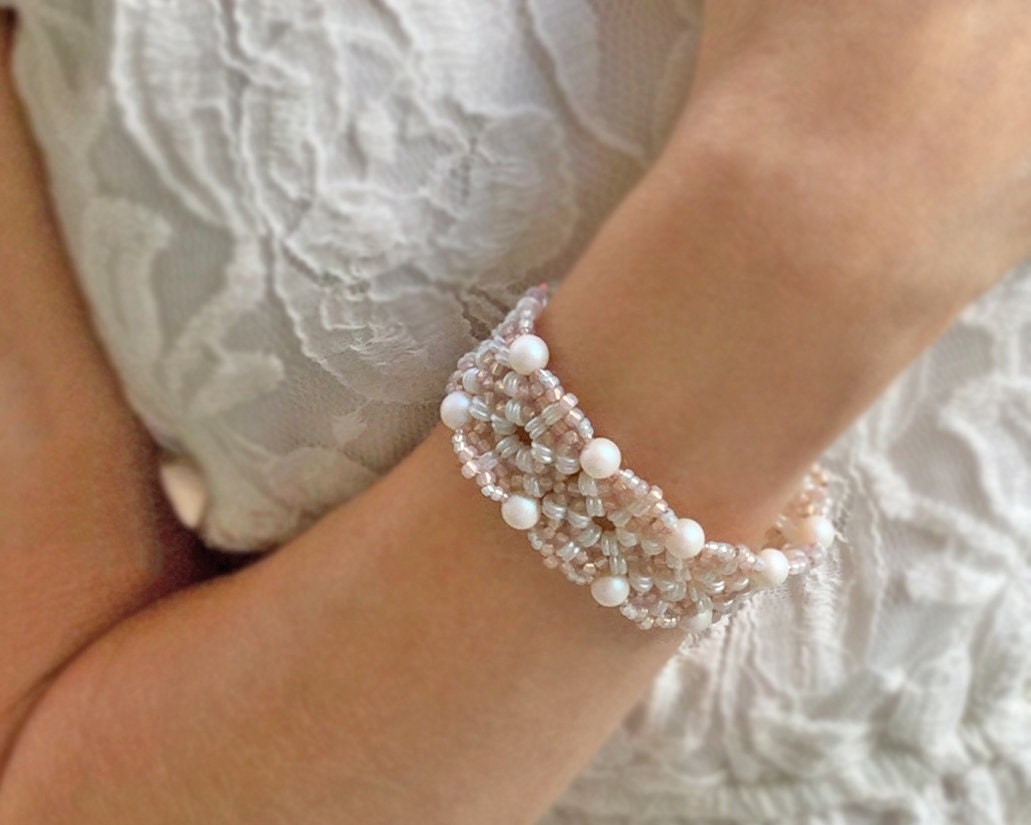 blush pink & white pearl cuff wedding bracelet . delicate lacey cuff bracelet . pink and white bridal bracelet . iridescent pink bridal .