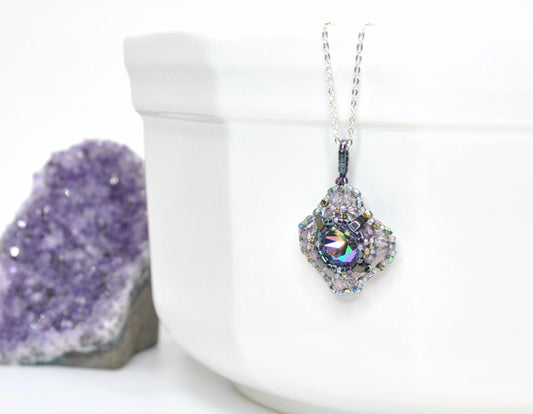 iridescent iris swarovski crystal cushion cut pendant necklace . statement necklace . unique crystal necklace . #015