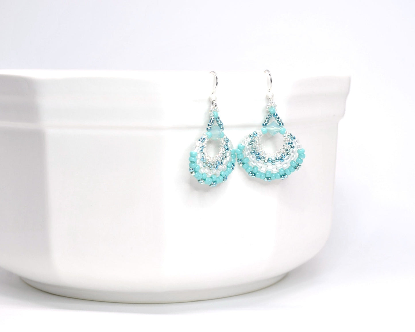 turquoise & white beaded beachy fan earrings