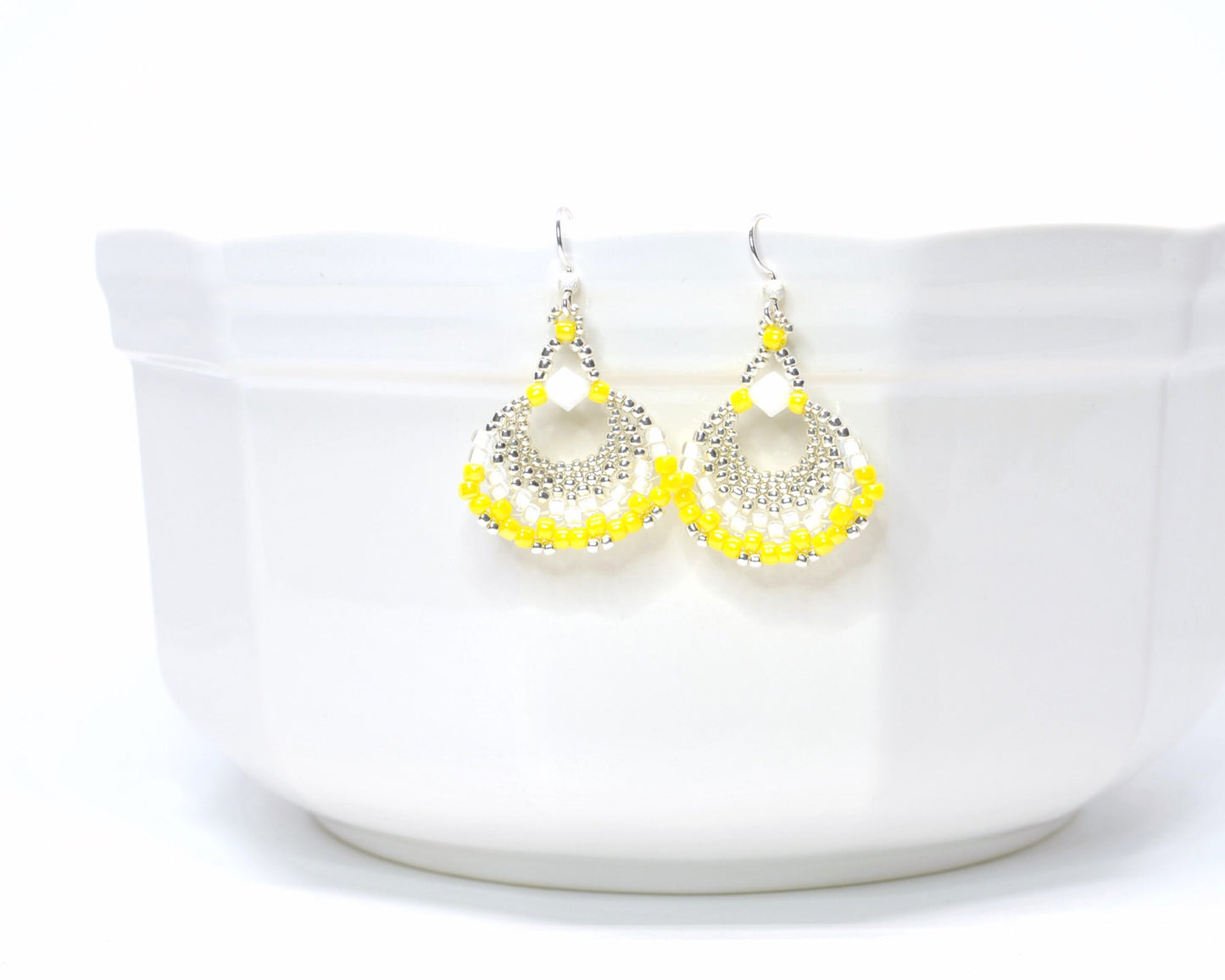 bright yellow and white beaded fan earrings