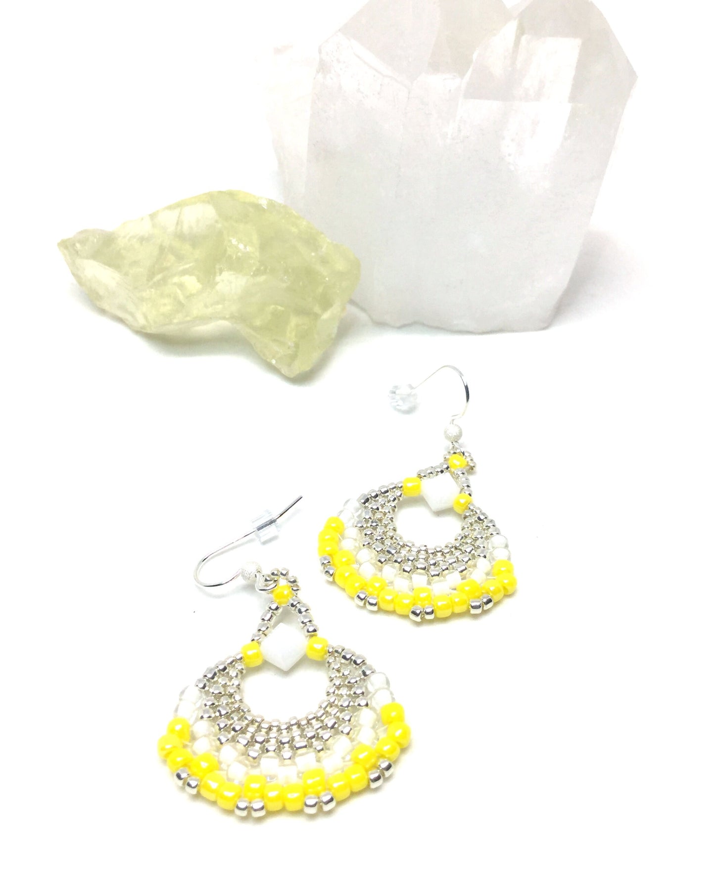 bright yellow and white beaded fan earrings