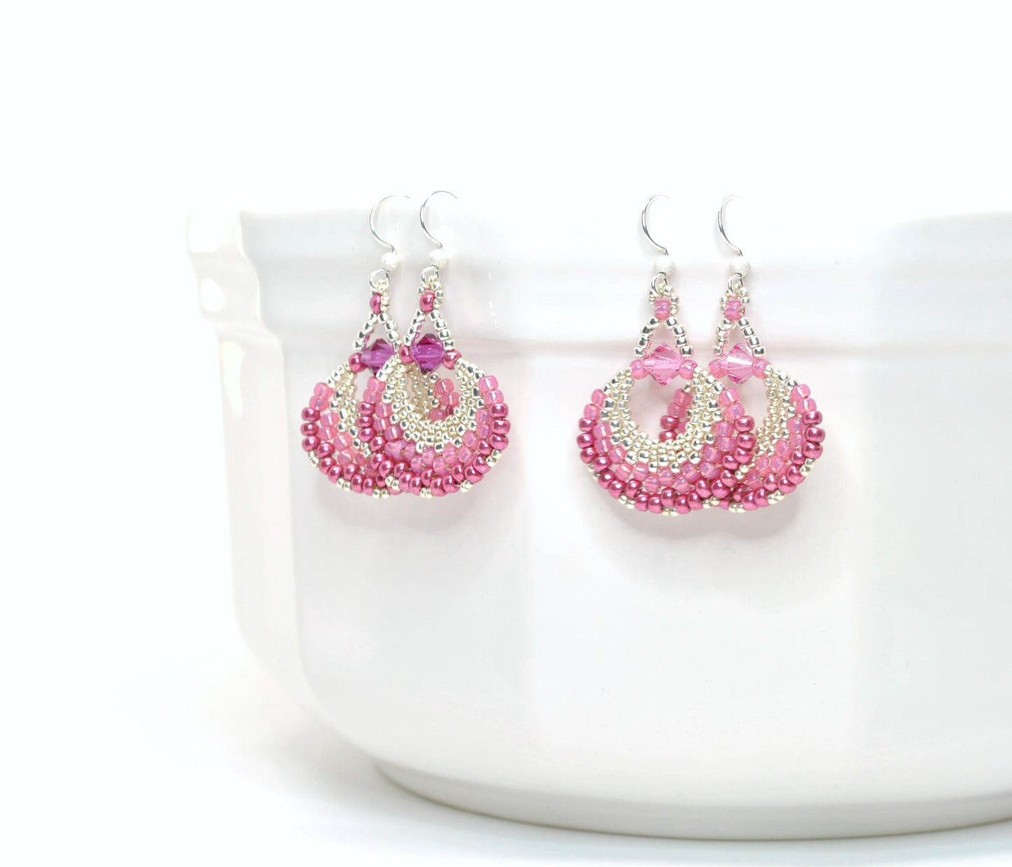 rose and fuchsia pink beaded fan earrings