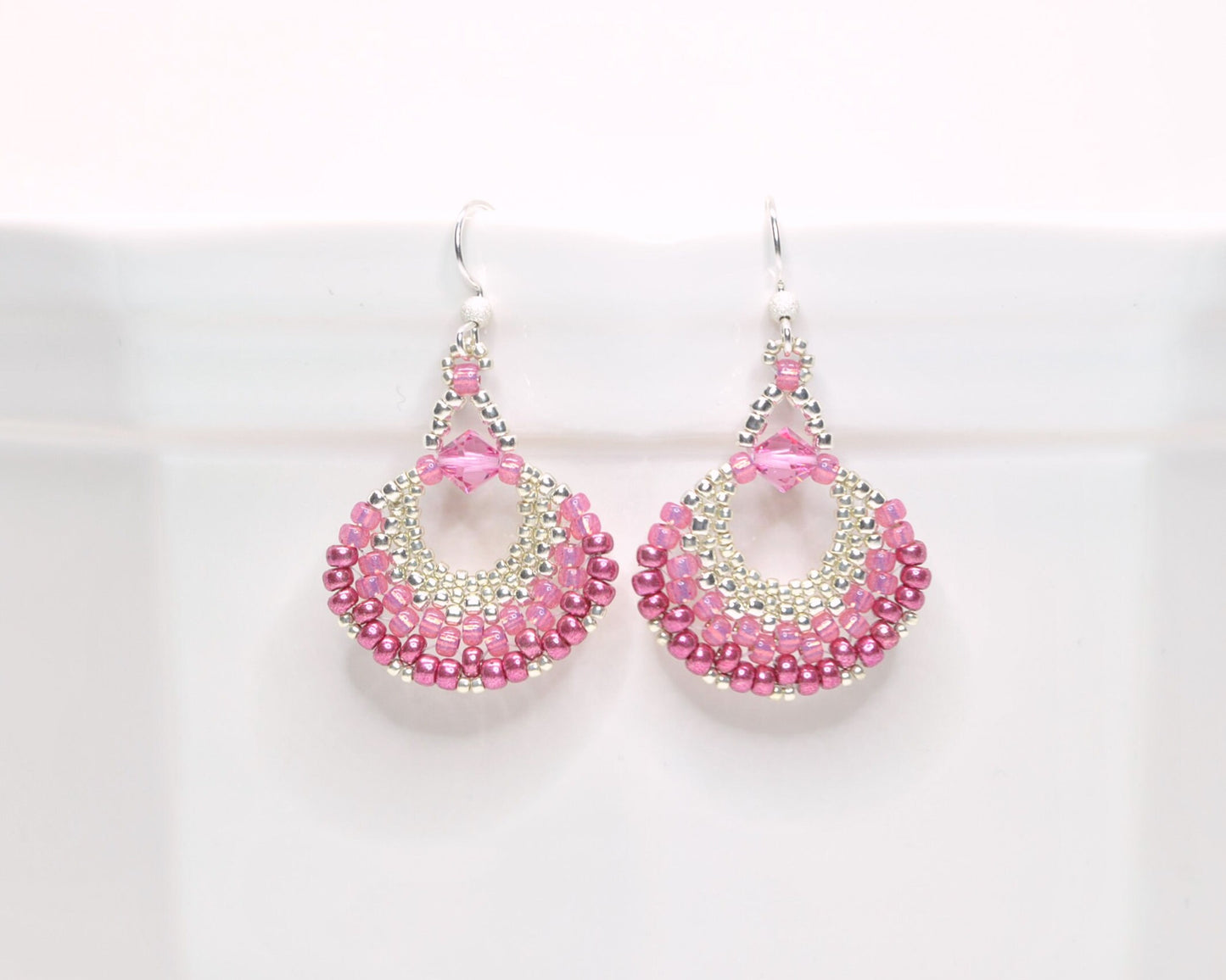 rose and fuchsia pink beaded fan earrings