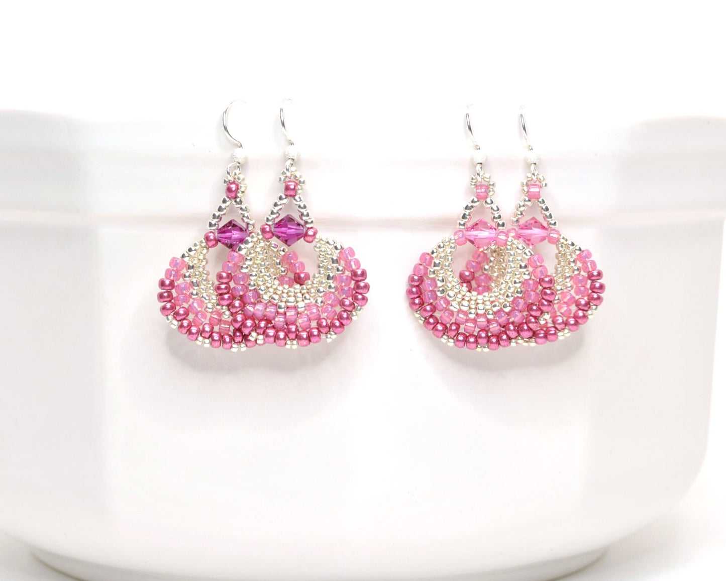 rose and fuchsia pink beaded fan earrings