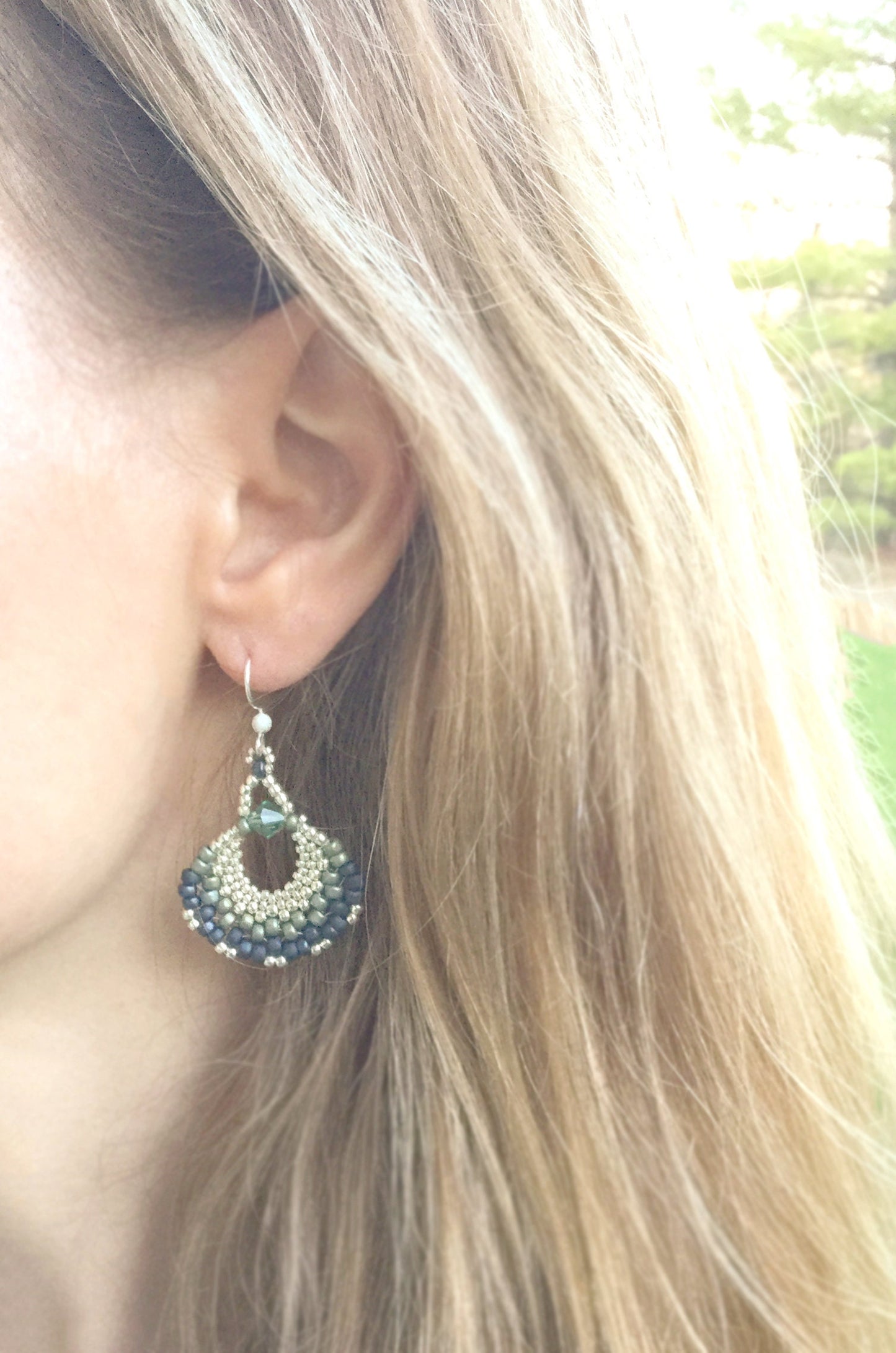 seafoam green beaded fan earrings