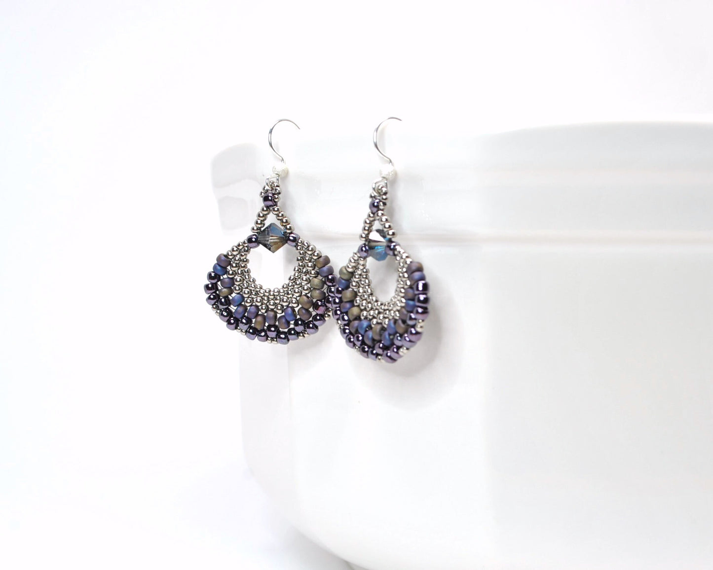 dark purple matte beaded fan earrings