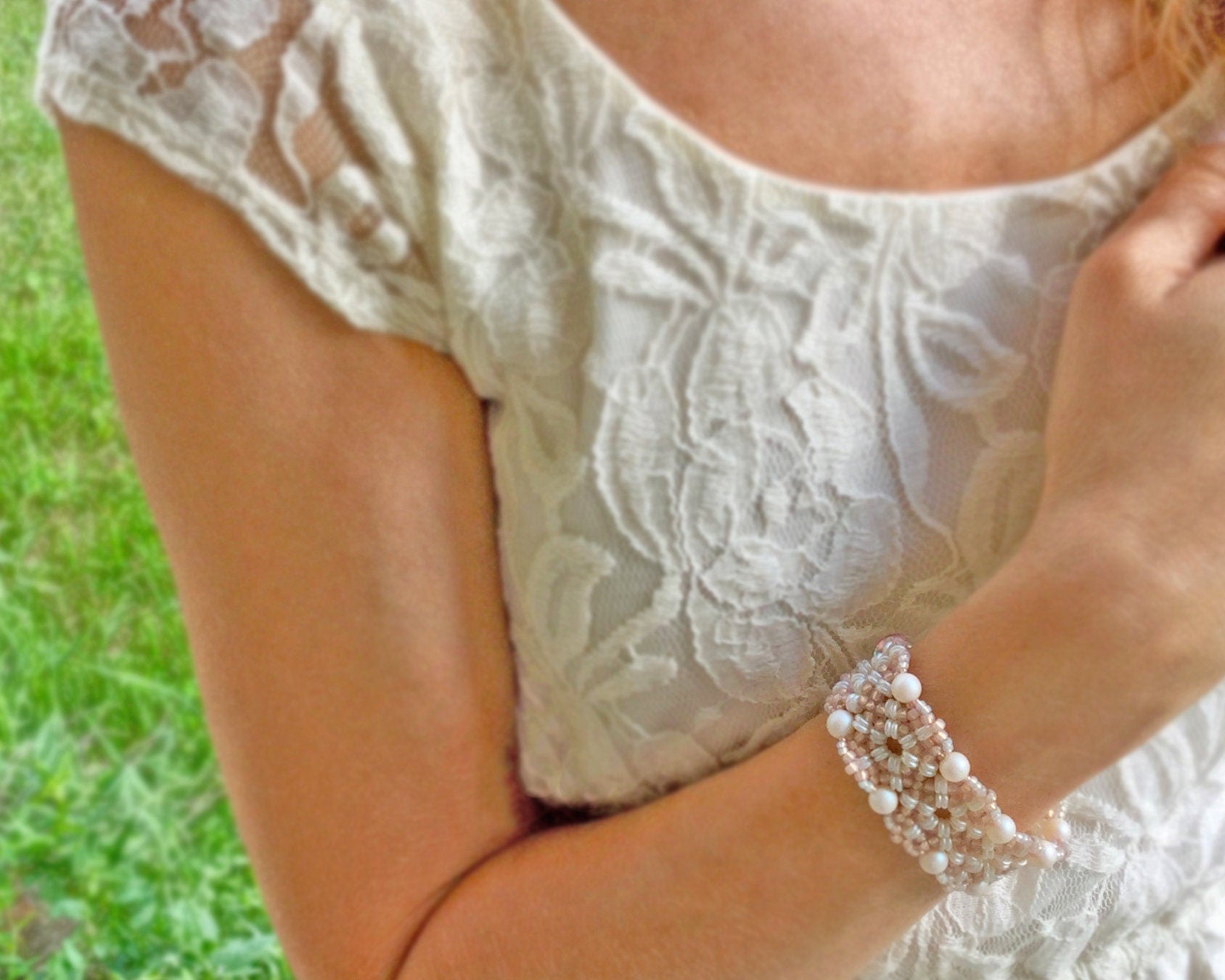 blush pink & white pearl cuff wedding bracelet . delicate lacey cuff bracelet . pink and white bridal bracelet . iridescent pink bridal .