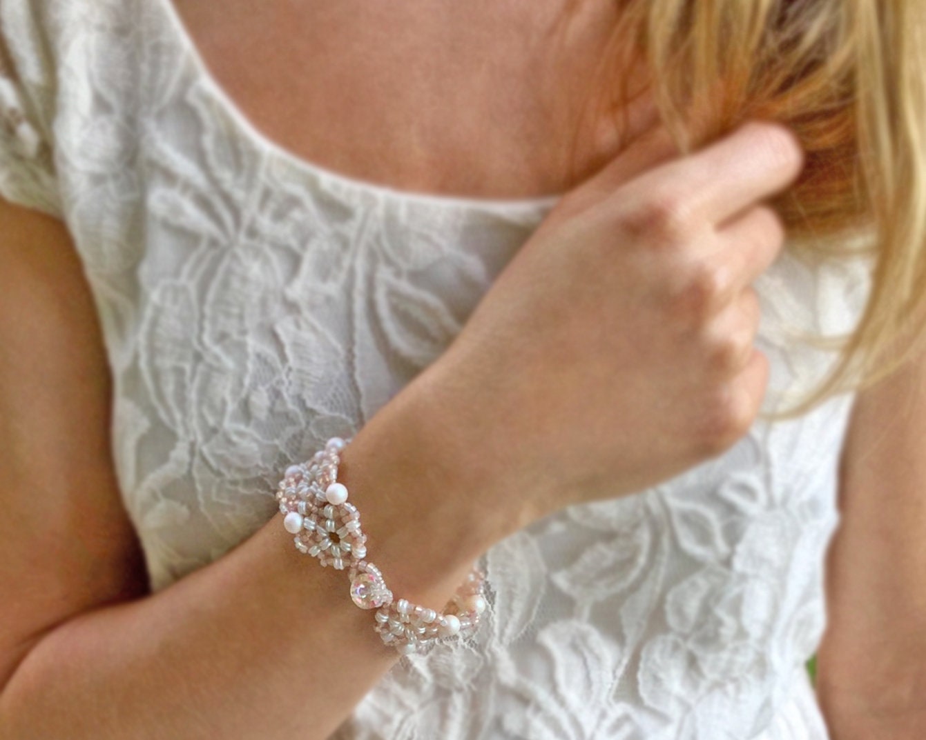 blush pink & white pearl cuff wedding bracelet . delicate lacey cuff bracelet . pink and white bridal bracelet . iridescent pink bridal .