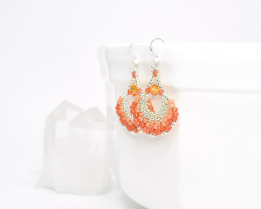 coral orange beaded fan earrings