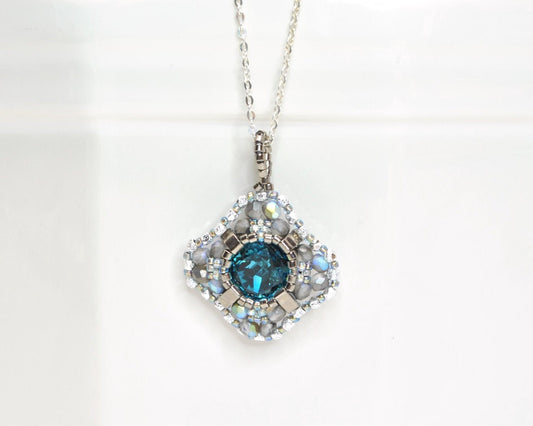 teal and silver swarovski crystal cushion cut pendant  . #010