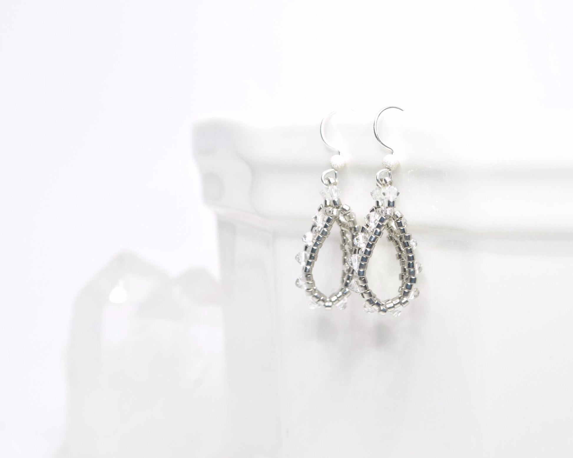 silver and clear crystal earrings . wedding earrings . bridal earrings . modern wedding earrings . nickel free . loop earrings . small hoop