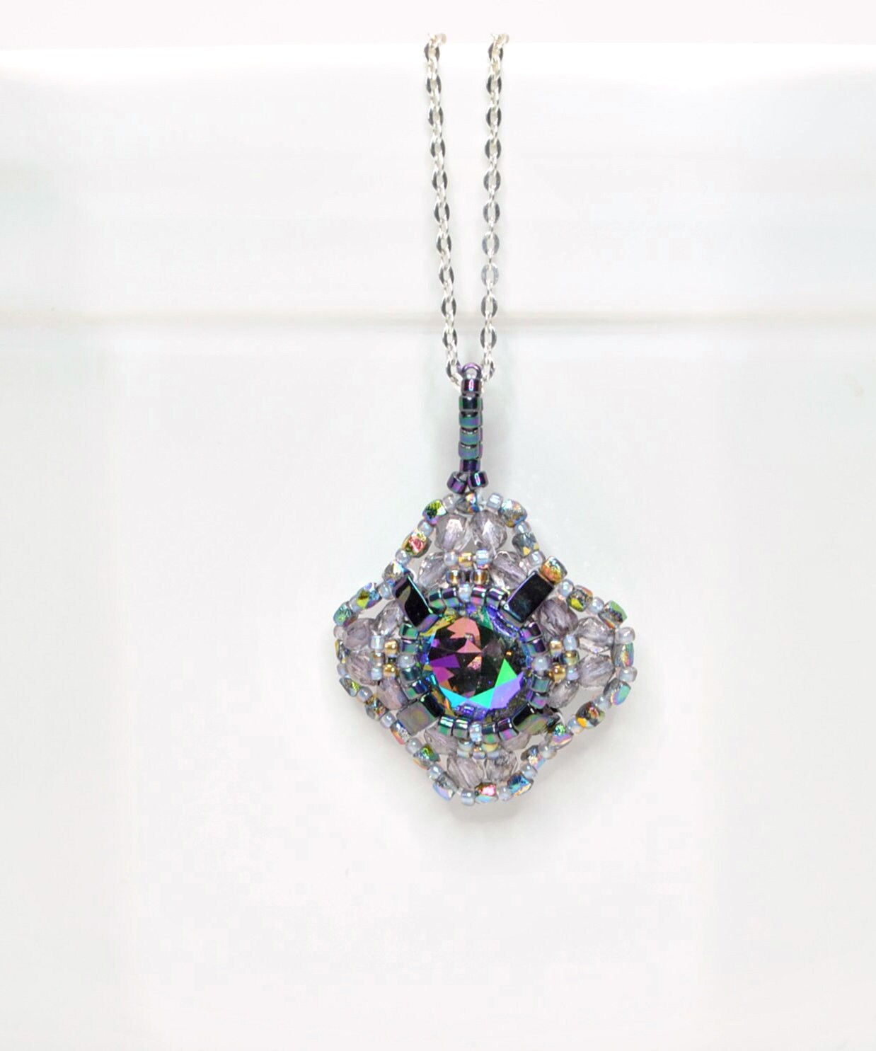 iridescent iris swarovski crystal cushion cut pendant necklace . statement necklace . unique crystal necklace . #015