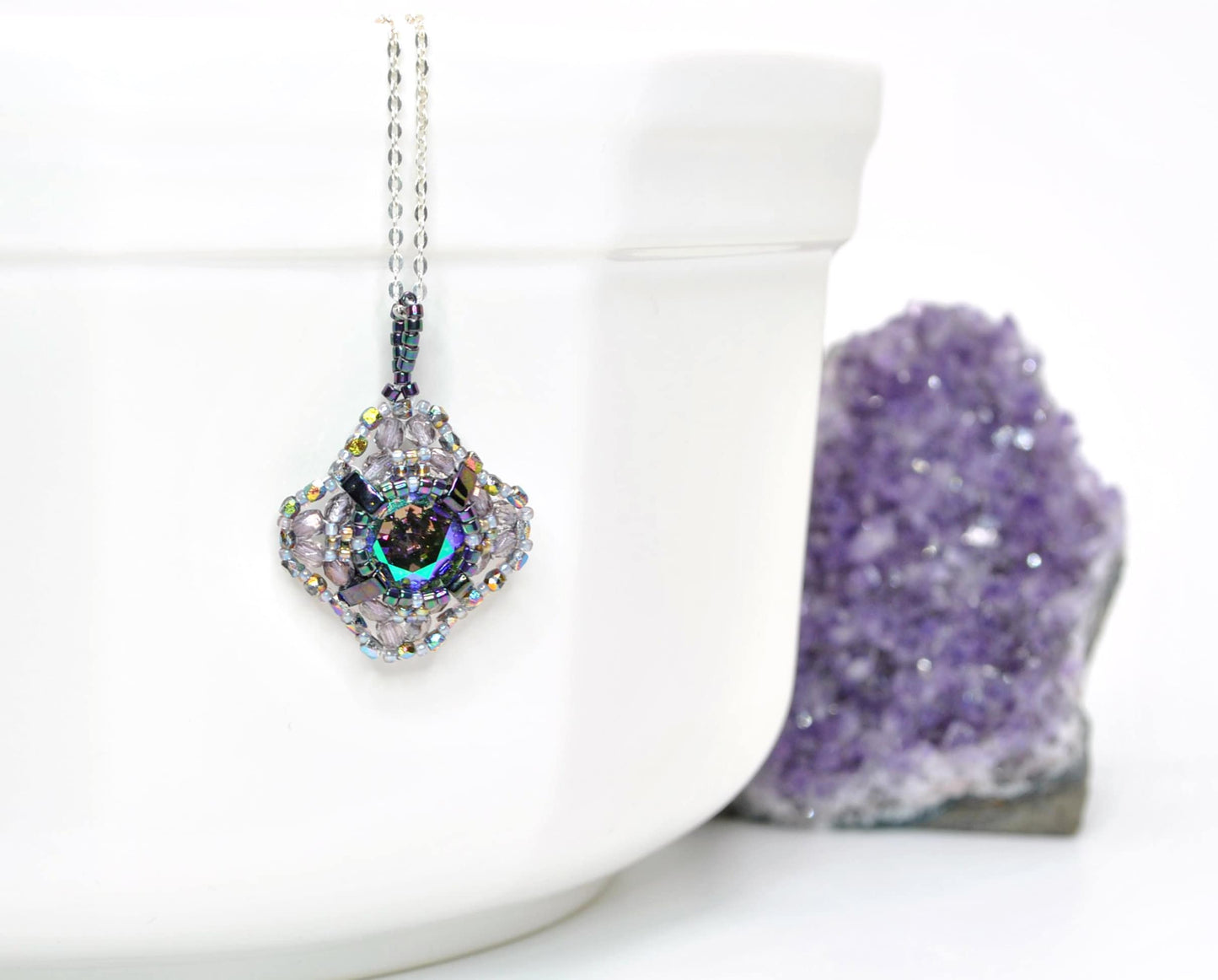 iridescent iris swarovski crystal cushion cut pendant necklace . statement necklace . unique crystal necklace . #015