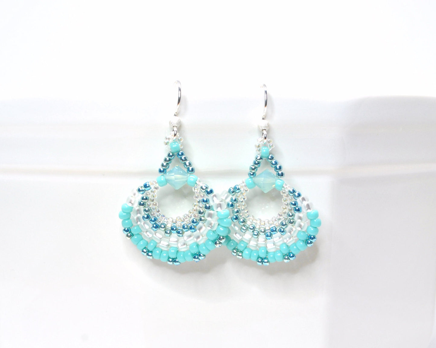 turquoise & white beaded beachy fan earrings