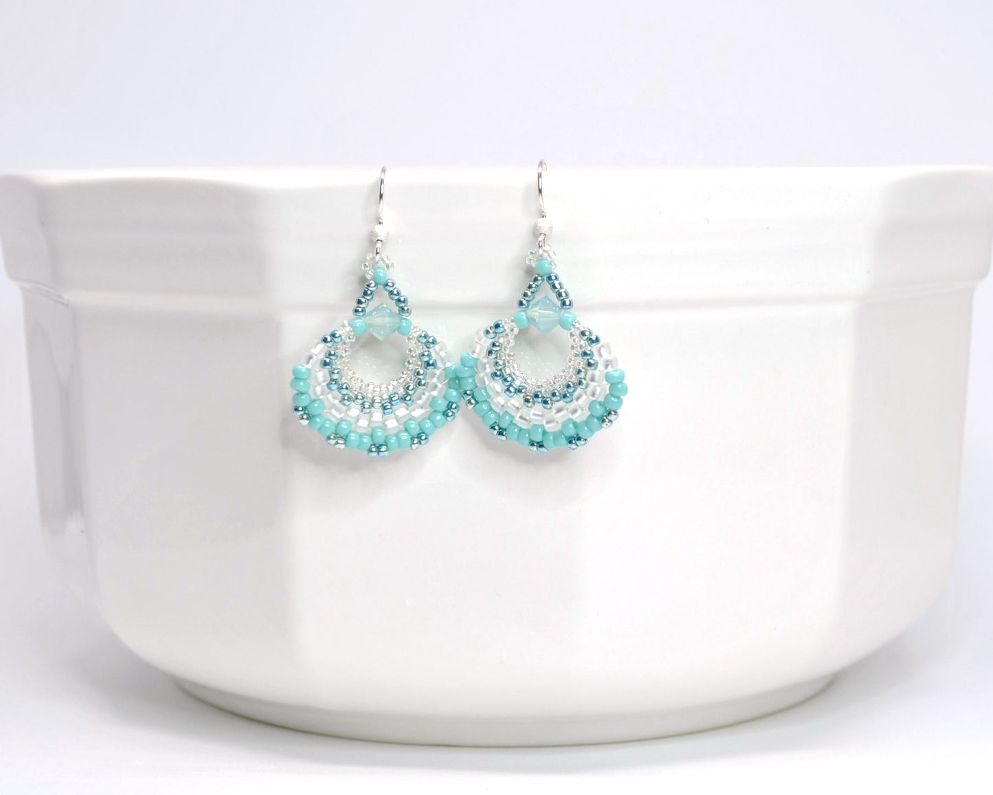 turquoise & white beaded beachy fan earrings