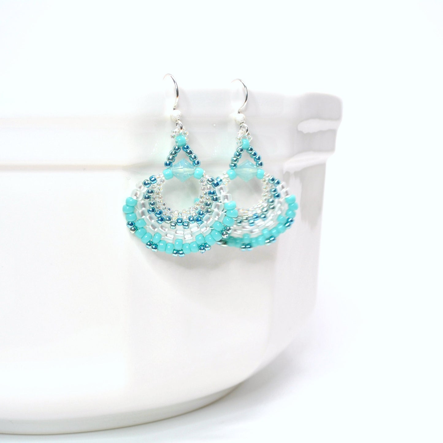 turquoise & white beaded beachy fan earrings