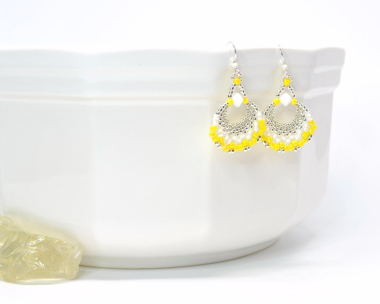 bright yellow and white beaded fan earrings