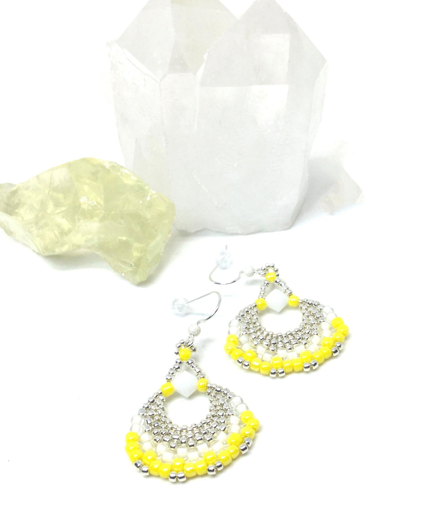 bright yellow and white beaded fan earrings