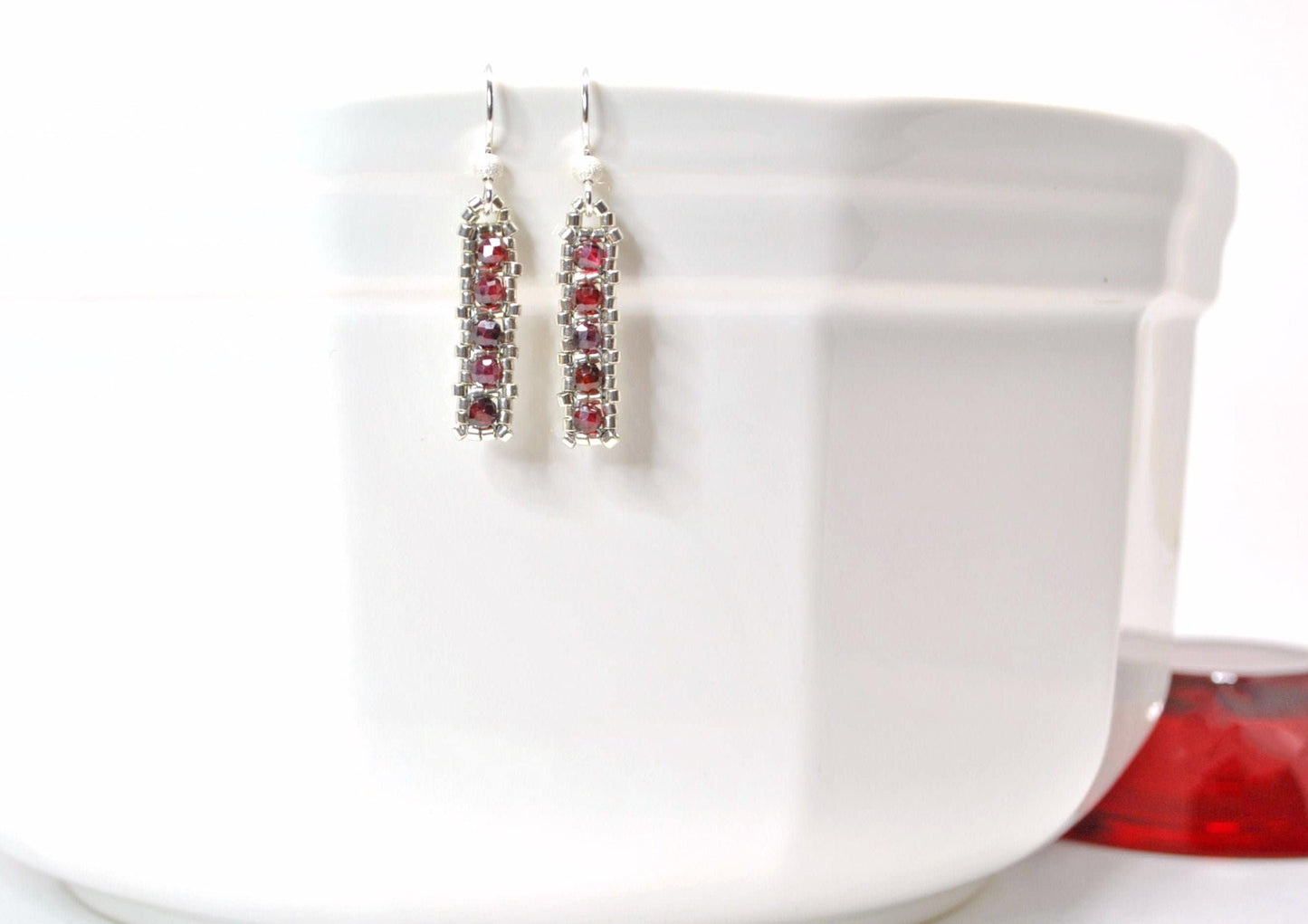 garnet gemstone minimalist earrings . january birthstone earrings . january birthday gift . red gemstone earrings . delicate earrings