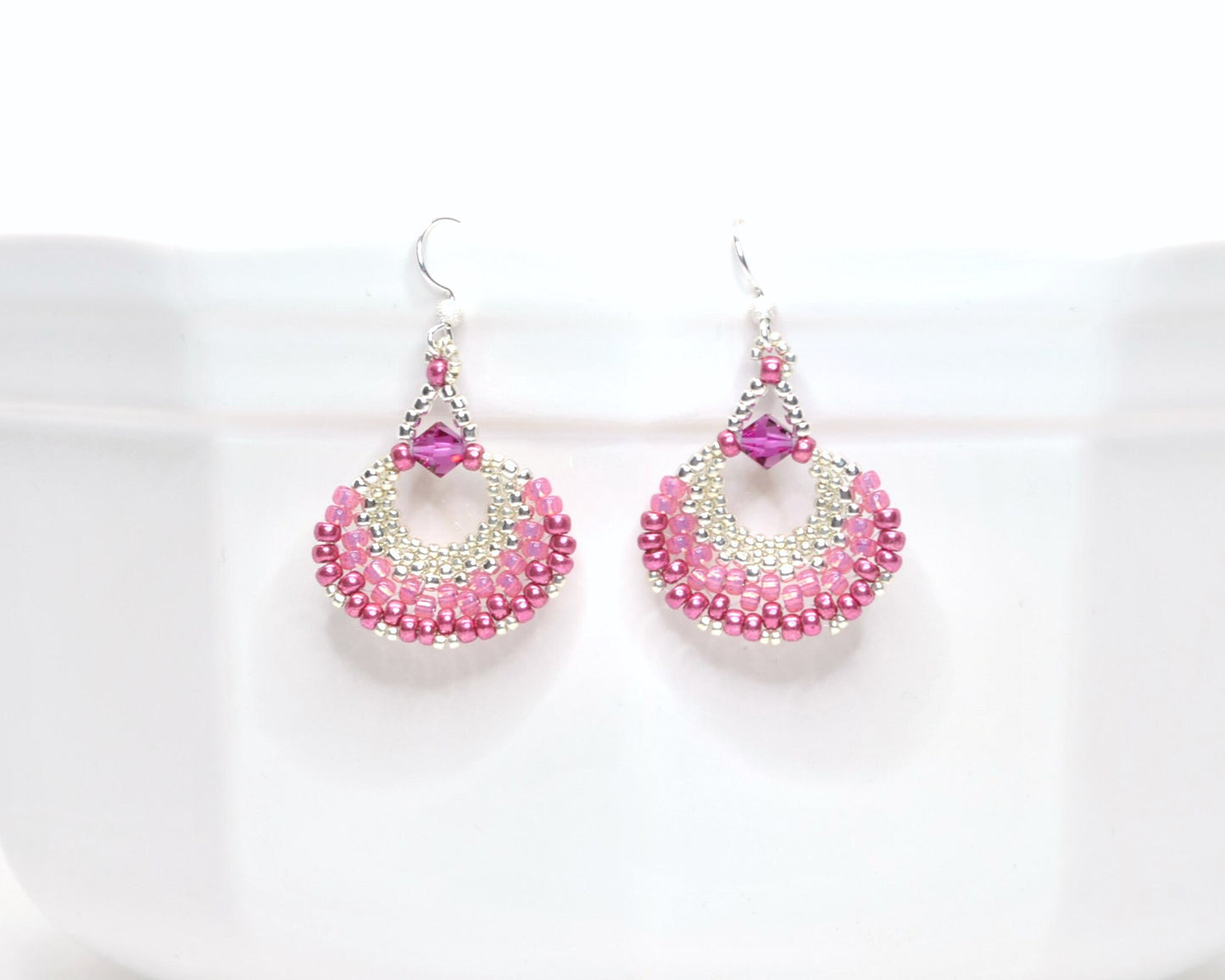 rose and fuchsia pink beaded fan earrings