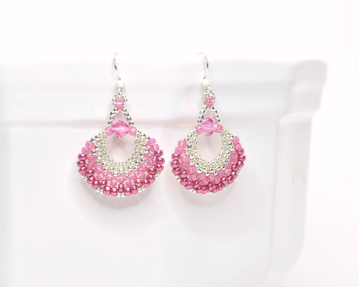 rose and fuchsia pink beaded fan earrings