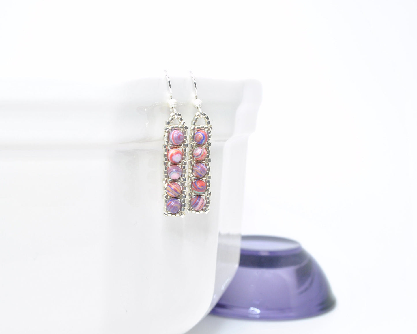 pink marbled rainbow cal silica earrings . pink and purple earrings . nickel free earrings . pink earrings, birthday gift, color swirl