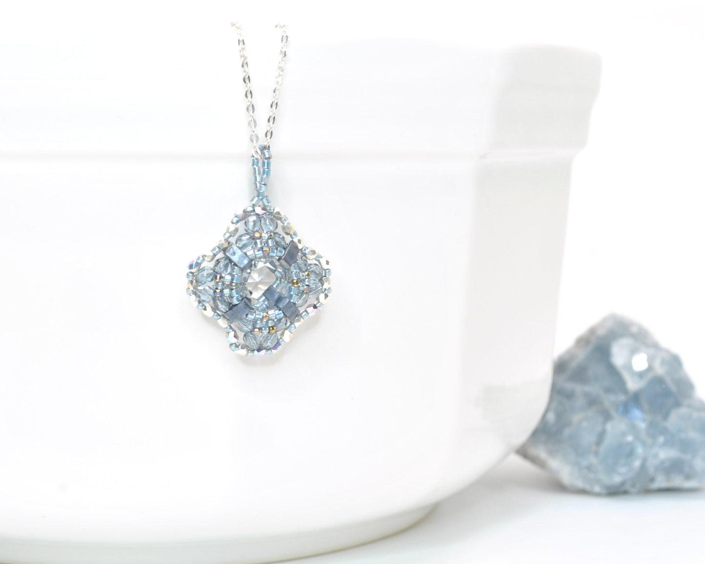 blue gray and clear swarovski crystal pendant necklace . #027