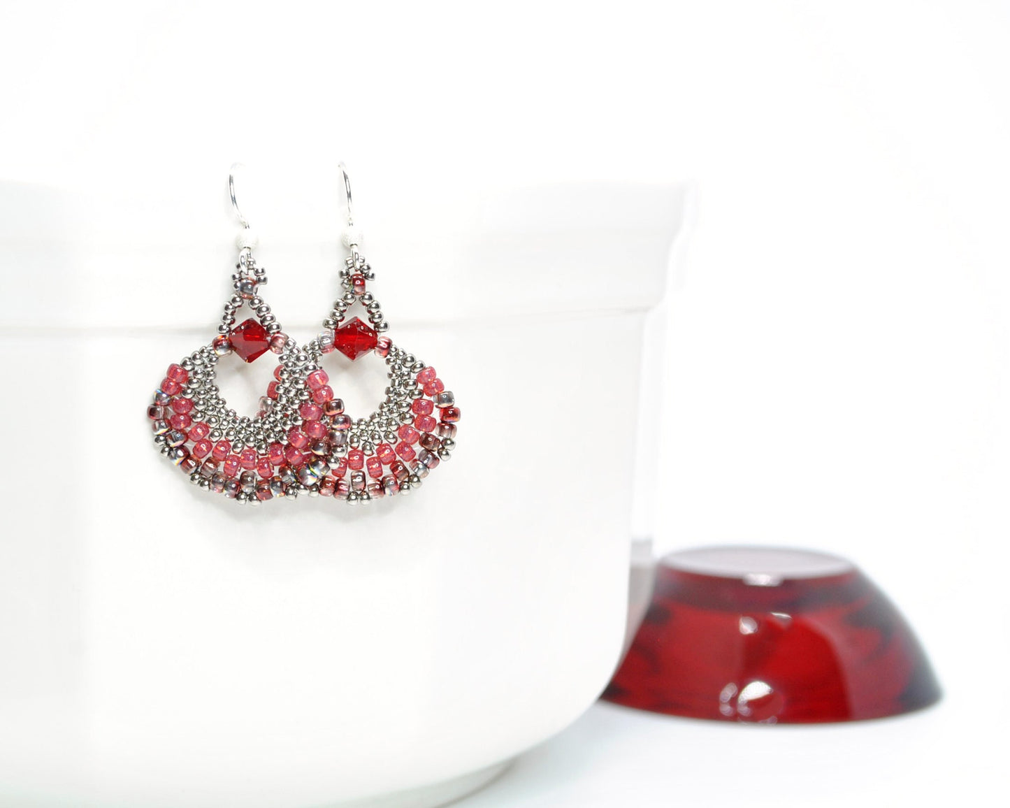 red beaded fan earrings