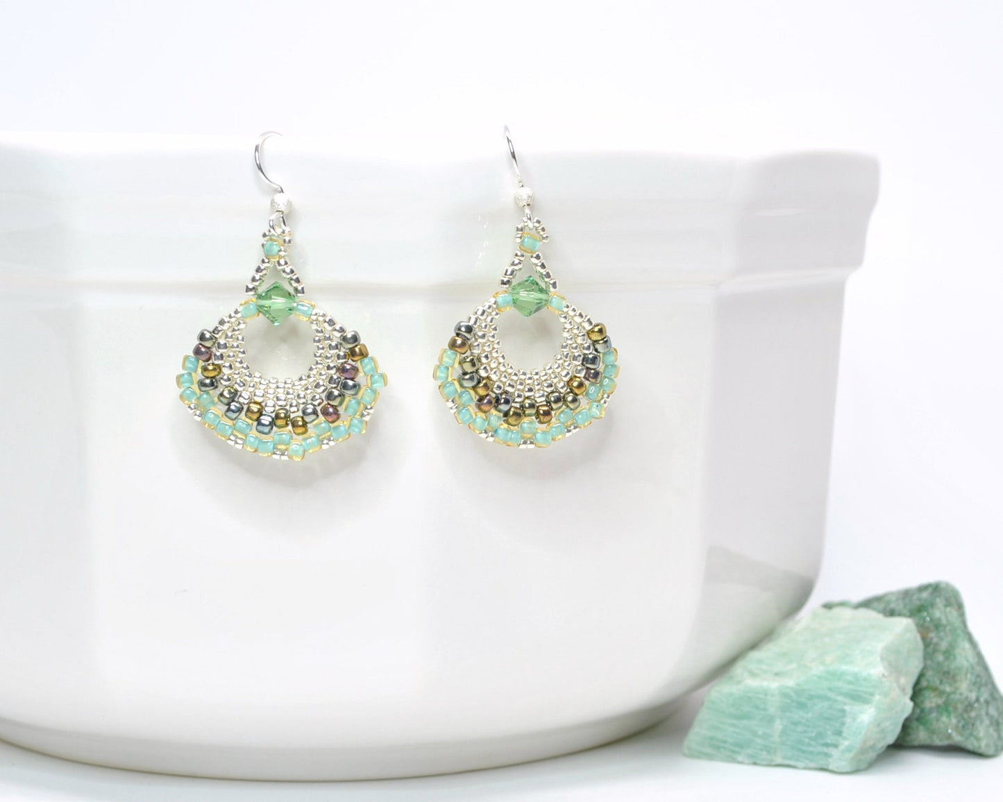 seafoam green beaded fan earrings