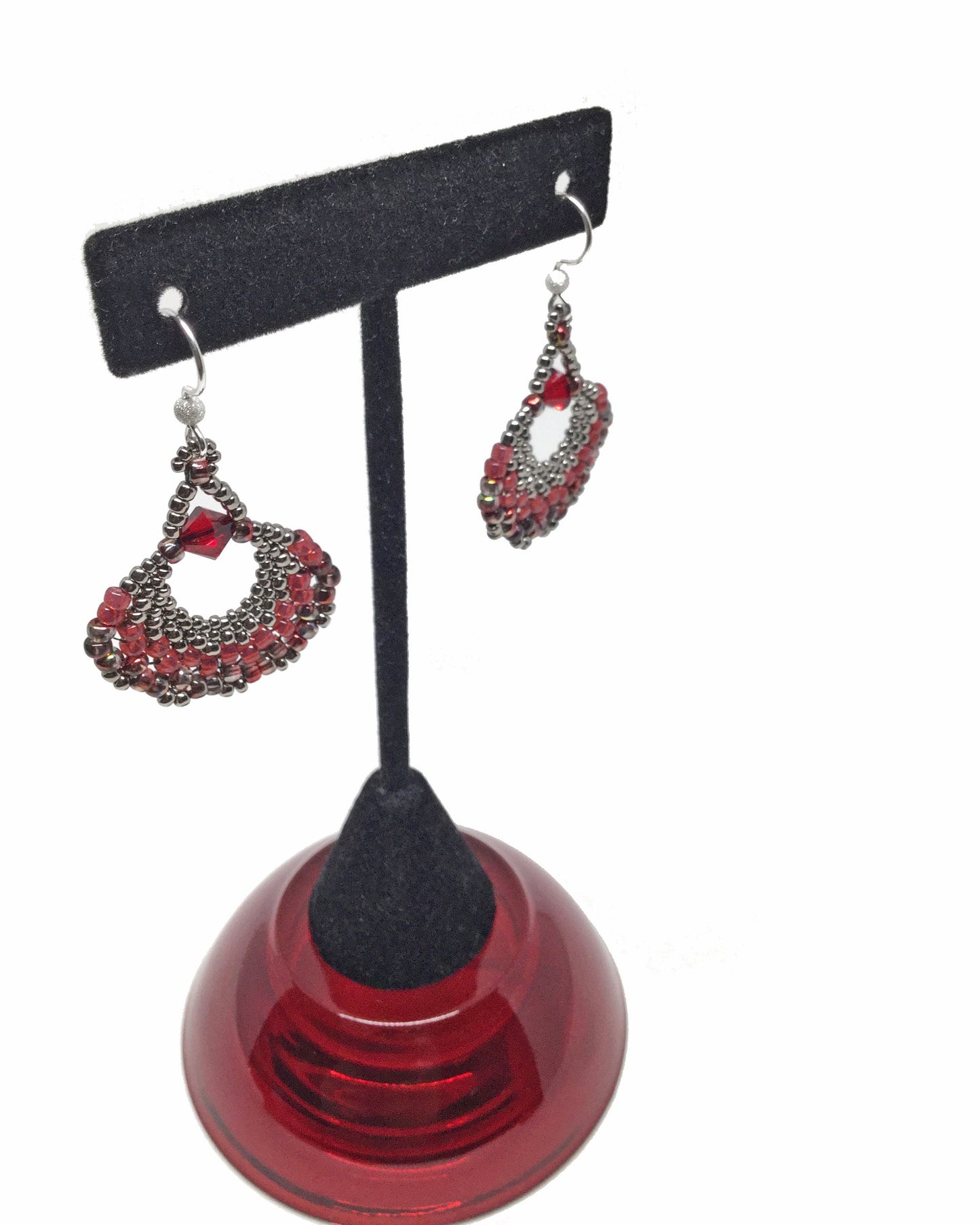 red beaded fan earrings