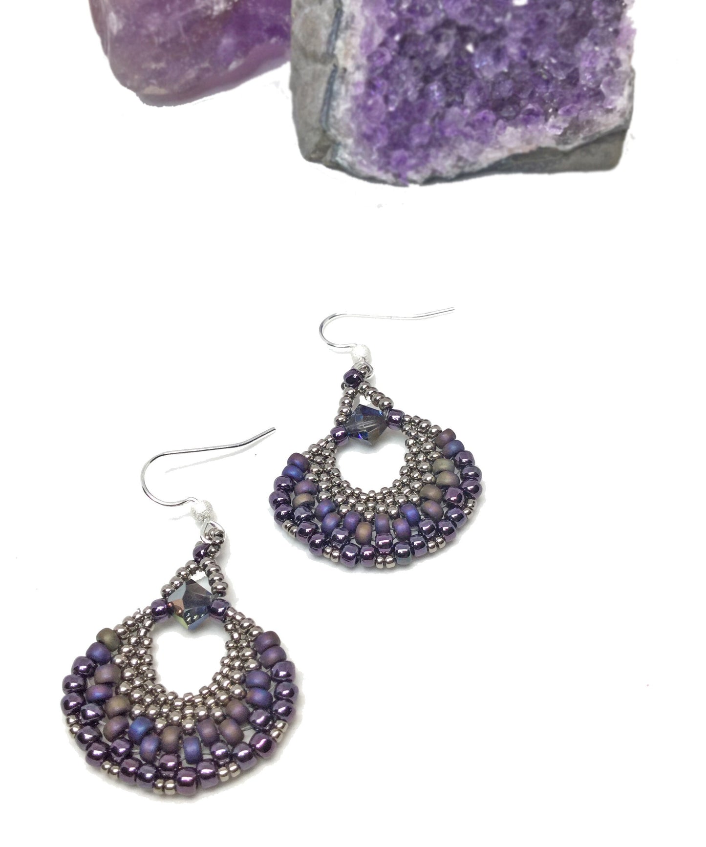 dark purple matte beaded fan earrings