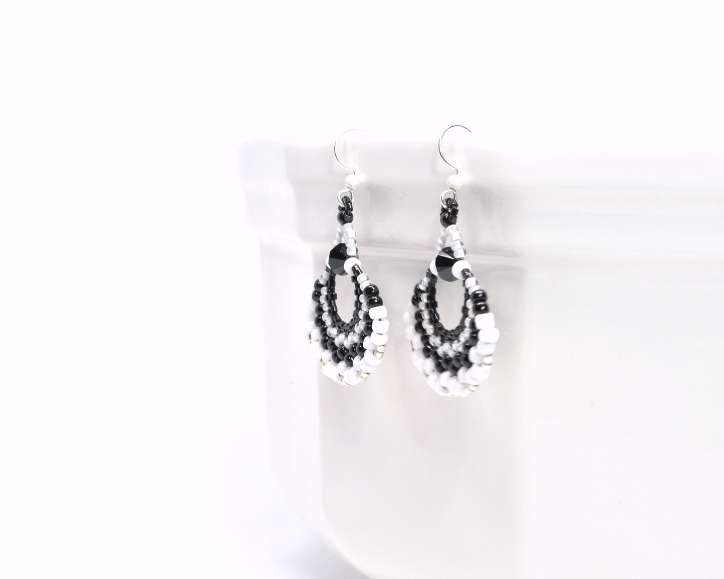 black and white beaded fan earrings