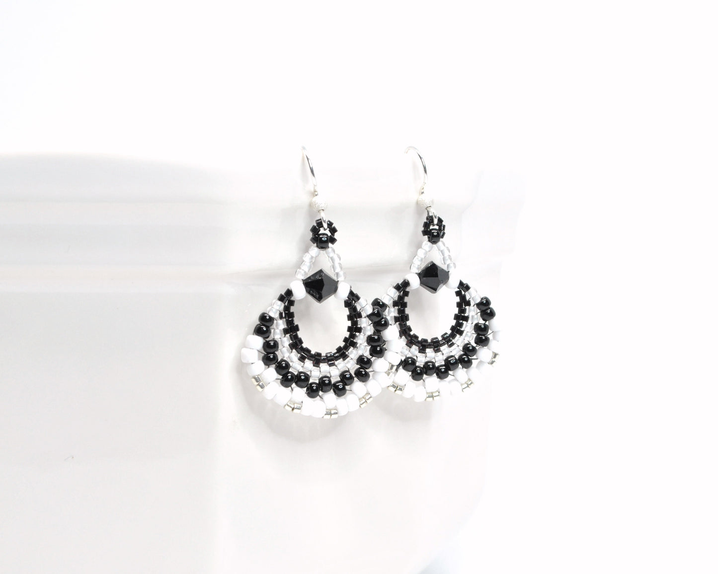 black and white beaded fan earrings