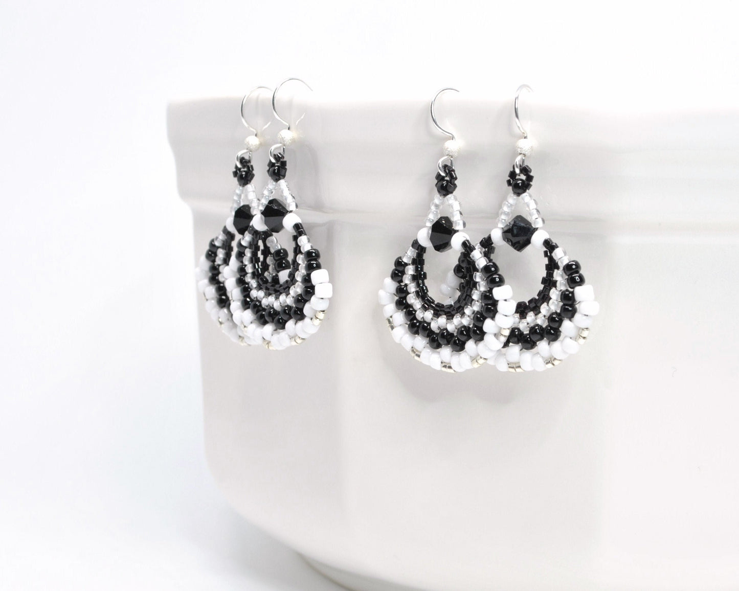 black and white beaded fan earrings