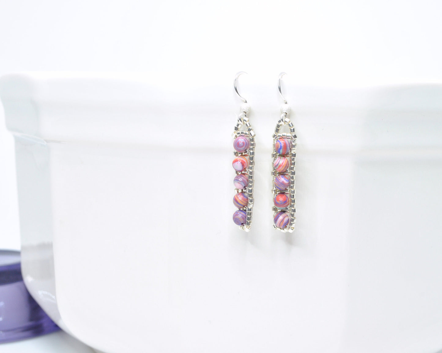 pink marbled rainbow cal silica earrings . pink and purple earrings . nickel free earrings . pink earrings, birthday gift, color swirl